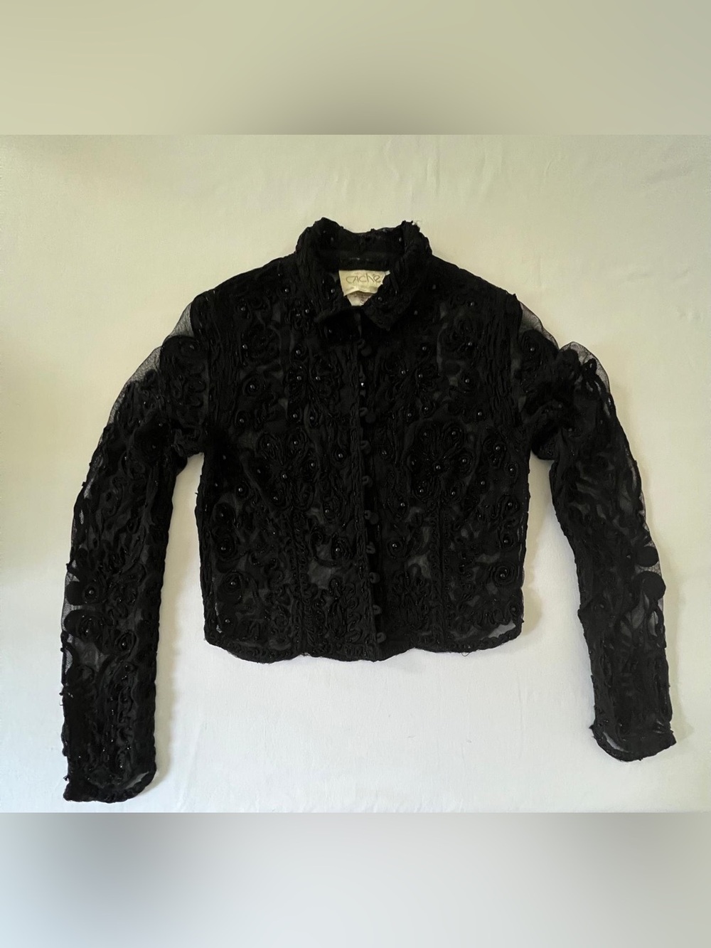 Cache Black Beaded Embroidered Mesh Shirt